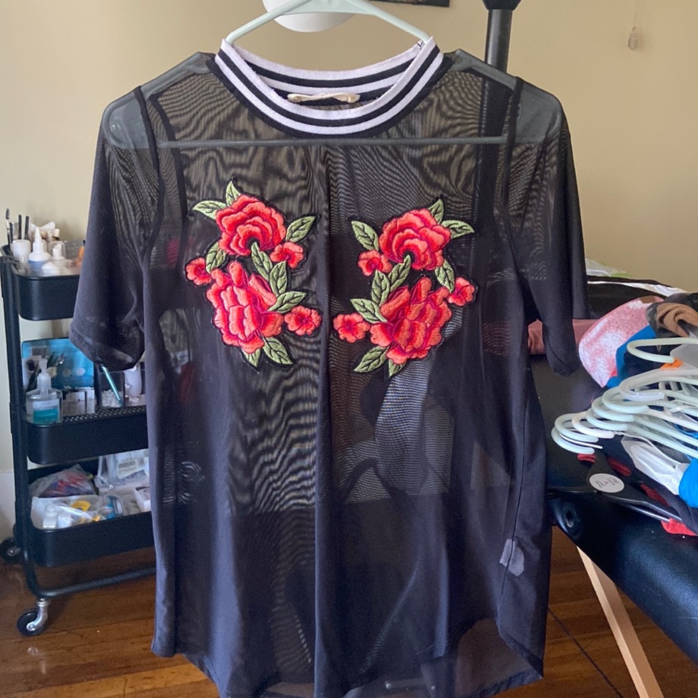 Sheer rose breast decal shirt